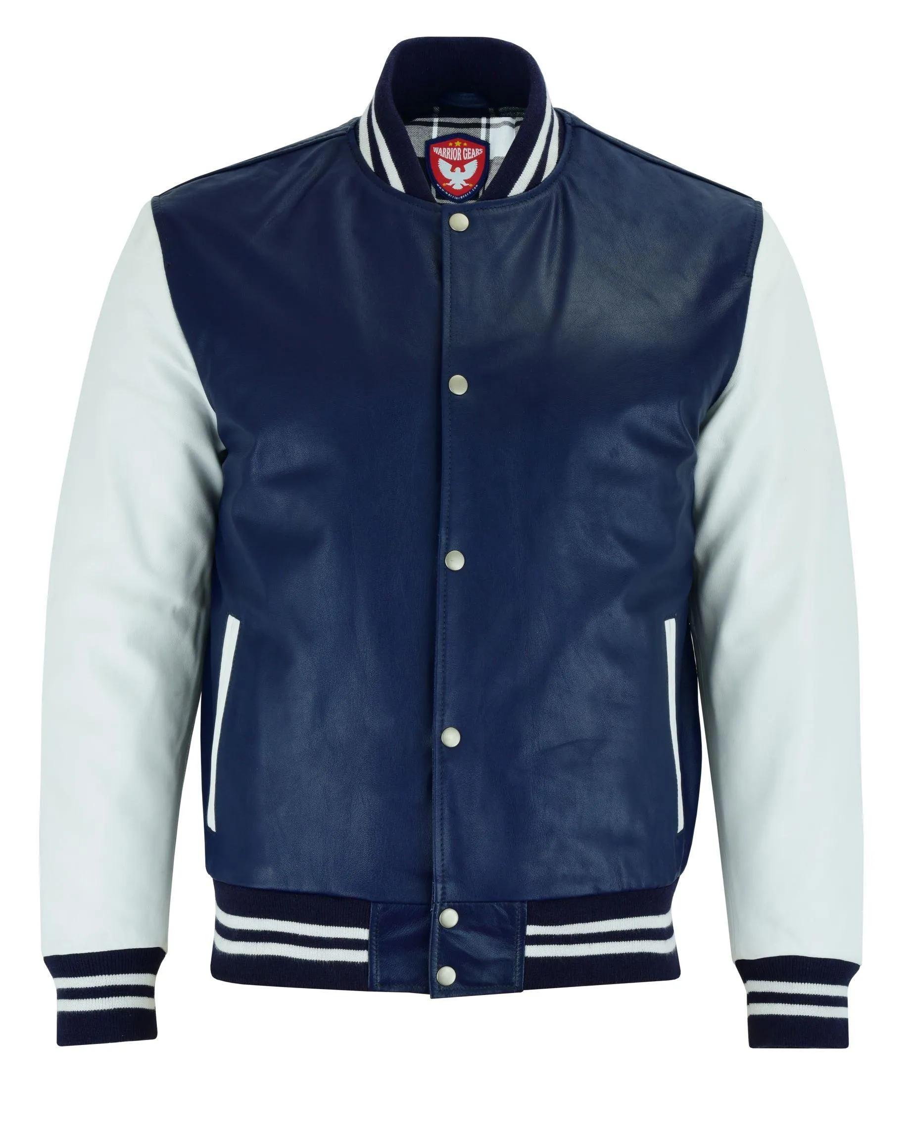 Warrior Gears® Leather Varsity Jacket -Blue Leather Body & White Leather Sleeves