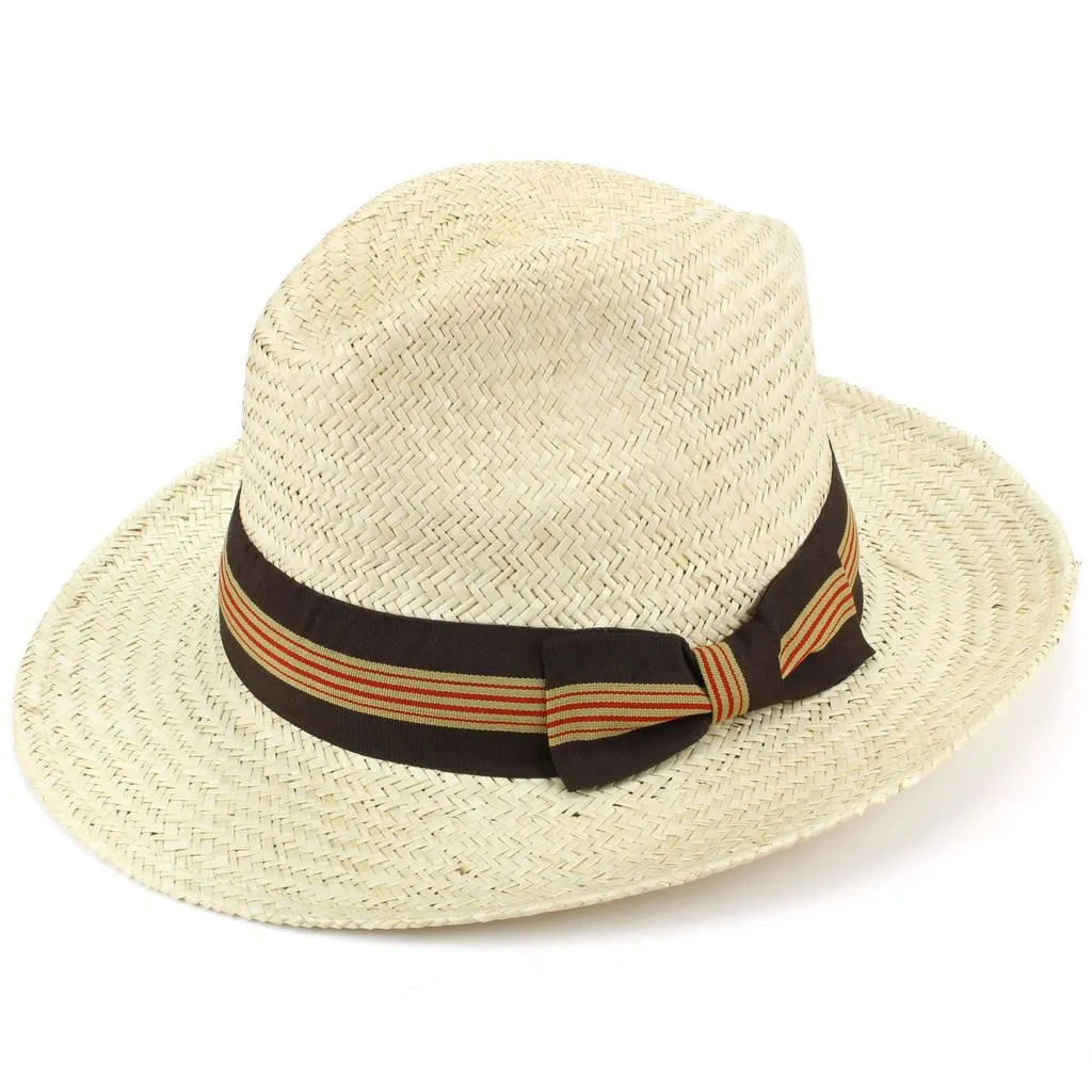 Wide Brim Straw Panama Fedora Hat - Brown