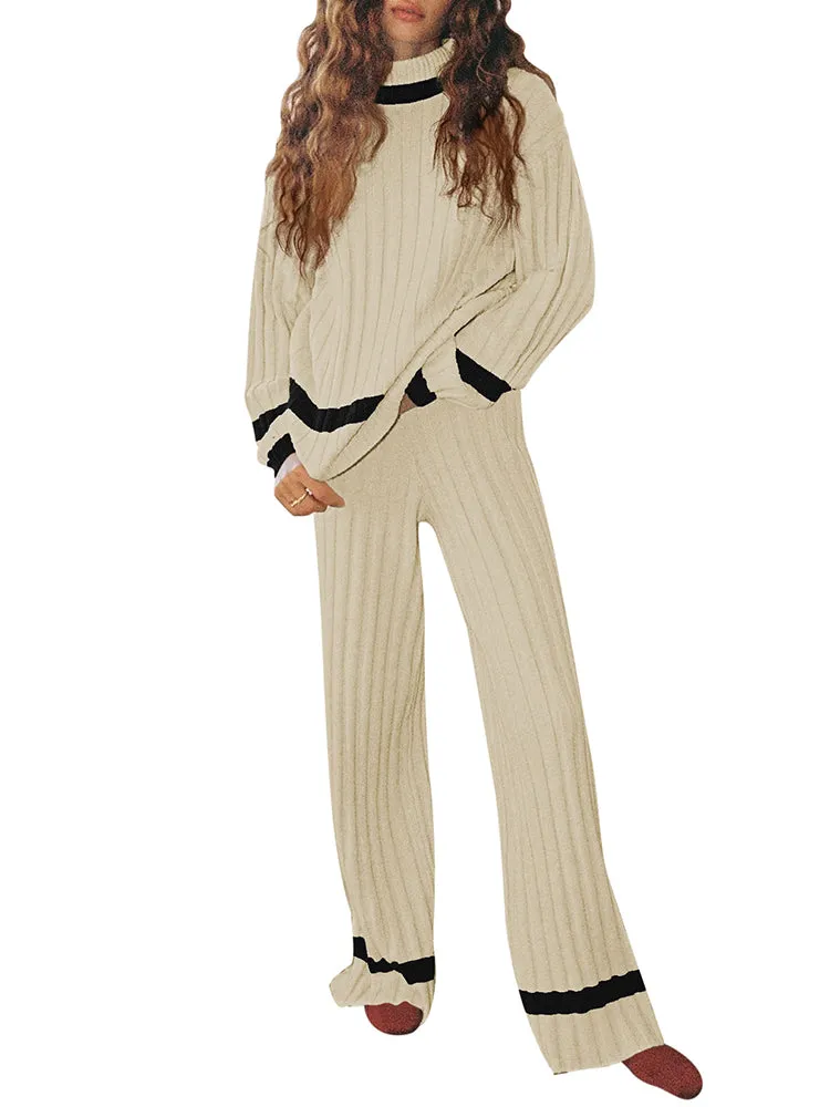 Women 2 Piece Knitted Outfits Stripe Casual Pajamas Sweatsuit