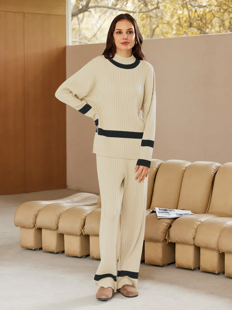 Women 2 Piece Knitted Outfits Stripe Casual Pajamas Sweatsuit