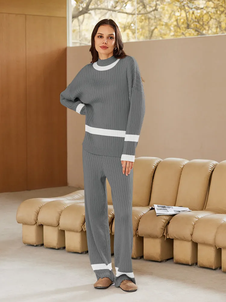 Women 2 Piece Knitted Outfits Stripe Casual Pajamas Sweatsuit