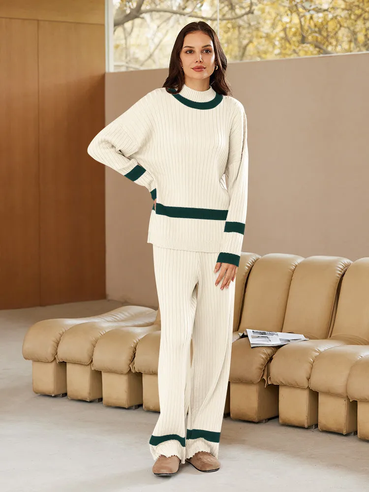 Women 2 Piece Knitted Outfits Stripe Casual Pajamas Sweatsuit