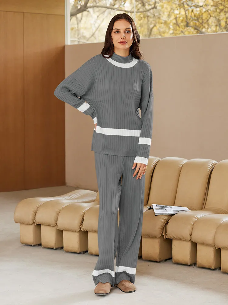 Women 2 Piece Knitted Outfits Stripe Casual Pajamas Sweatsuit