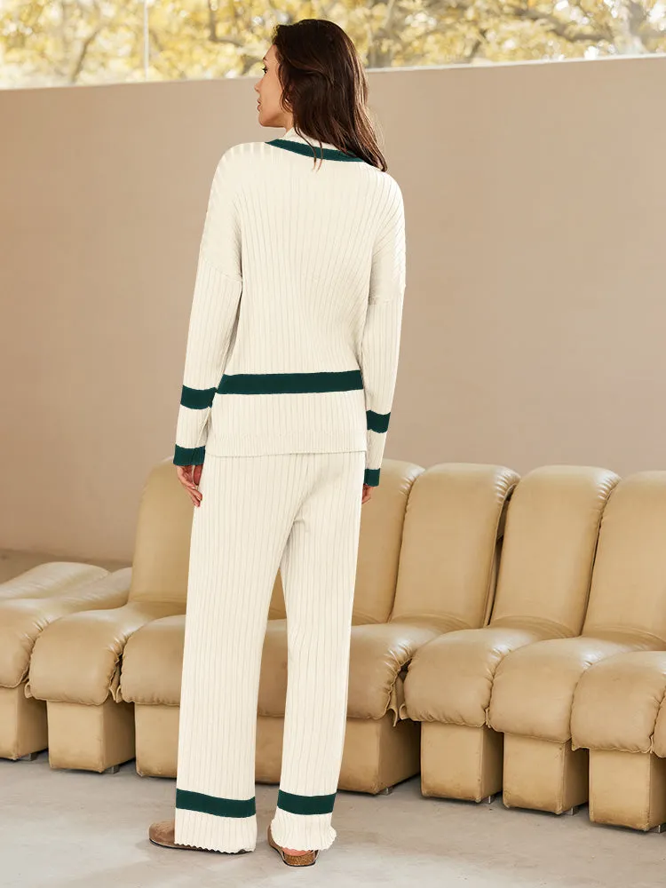 Women 2 Piece Knitted Outfits Stripe Casual Pajamas Sweatsuit