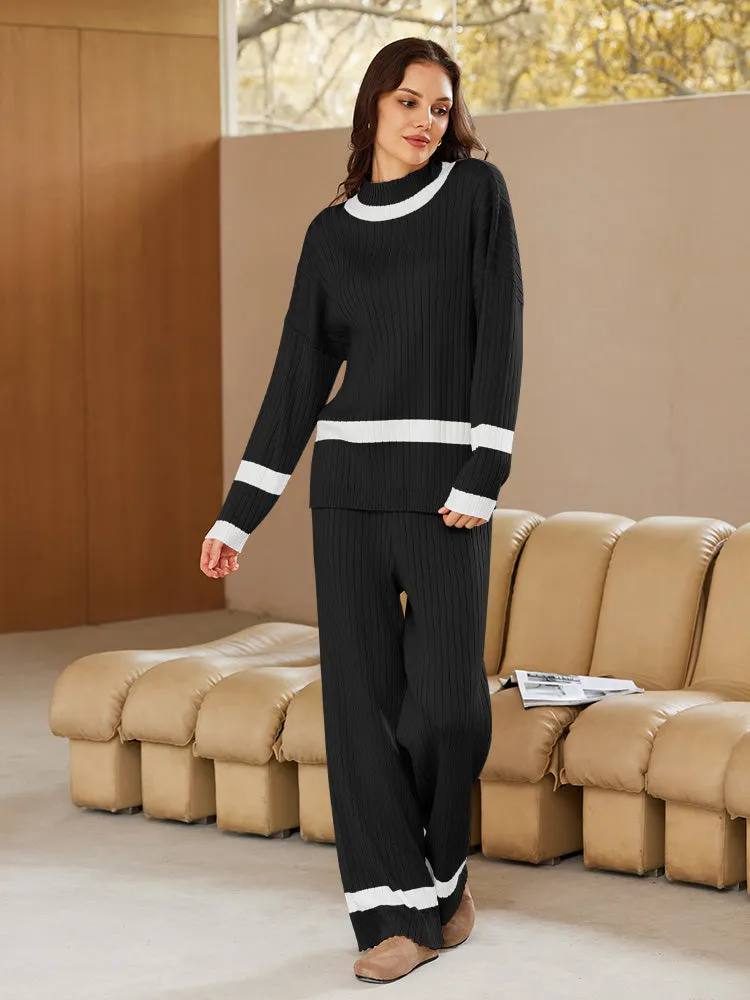 Women 2 Piece Knitted Outfits Stripe Casual Pajamas Sweatsuit