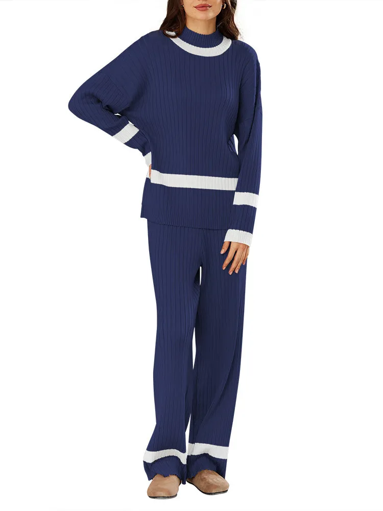 Women 2 Piece Knitted Outfits Stripe Casual Pajamas Sweatsuit