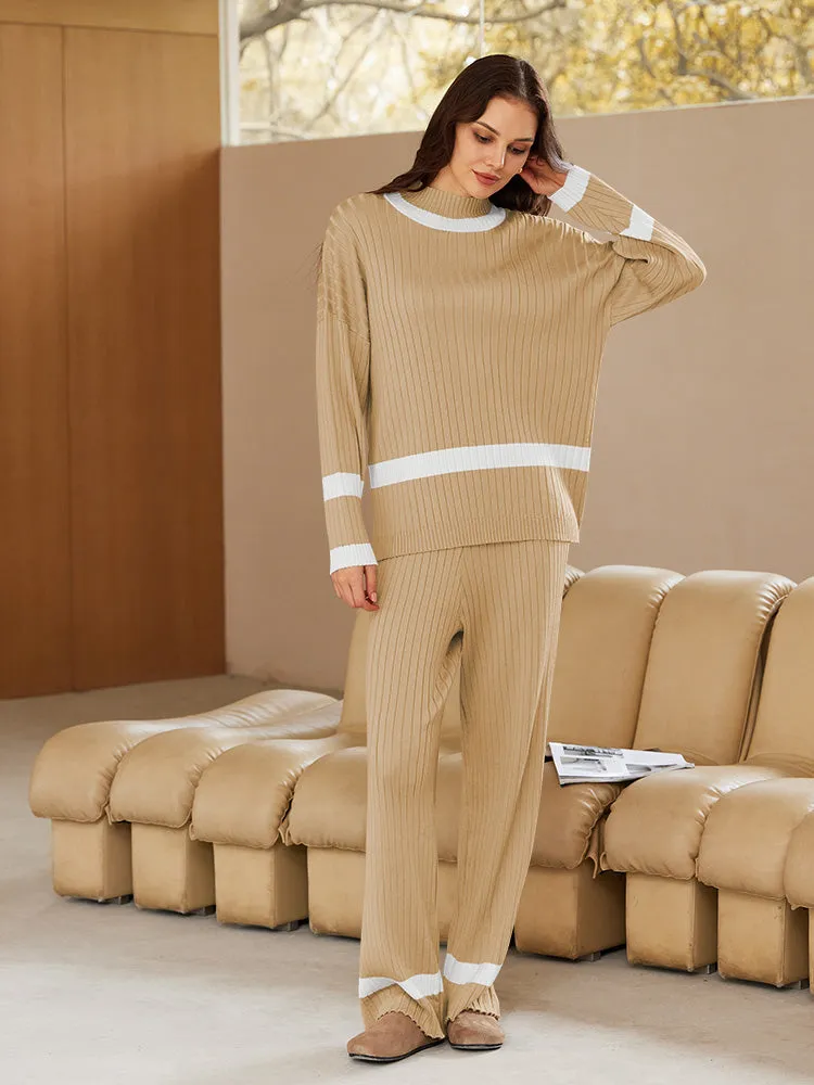 Women 2 Piece Knitted Outfits Stripe Casual Pajamas Sweatsuit