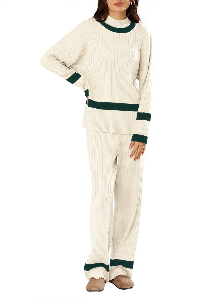 Women 2 Piece Knitted Outfits Stripe Casual Pajamas Sweatsuit