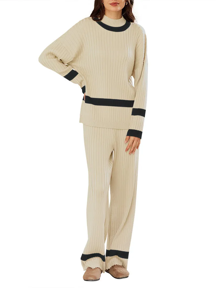 Women 2 Piece Knitted Outfits Stripe Casual Pajamas Sweatsuit