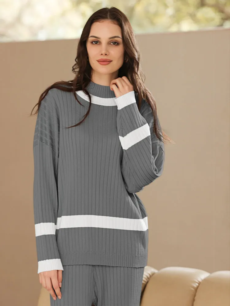 Women 2 Piece Knitted Outfits Stripe Casual Pajamas Sweatsuit