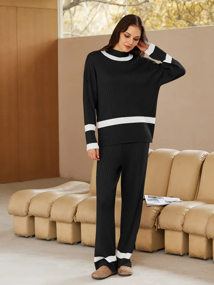 Women 2 Piece Knitted Outfits Stripe Casual Pajamas Sweatsuit