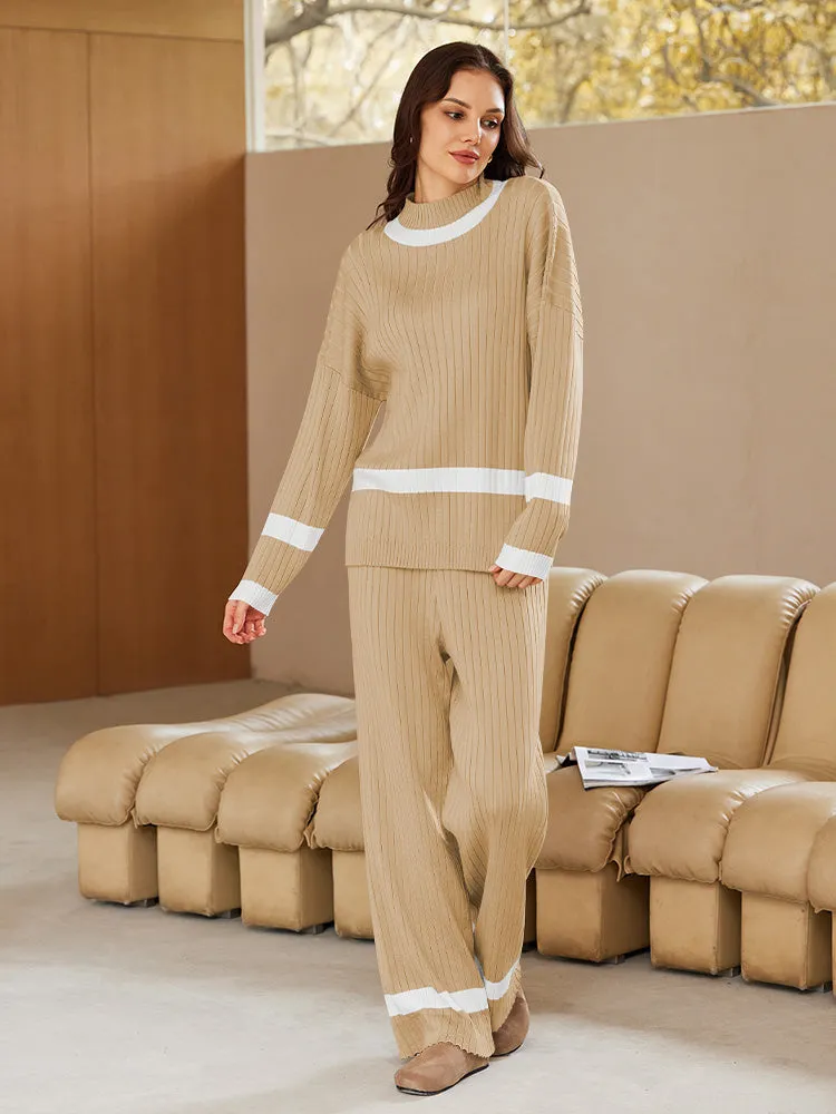 Women 2 Piece Knitted Outfits Stripe Casual Pajamas Sweatsuit