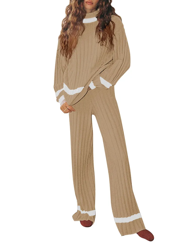 Women 2 Piece Knitted Outfits Stripe Casual Pajamas Sweatsuit