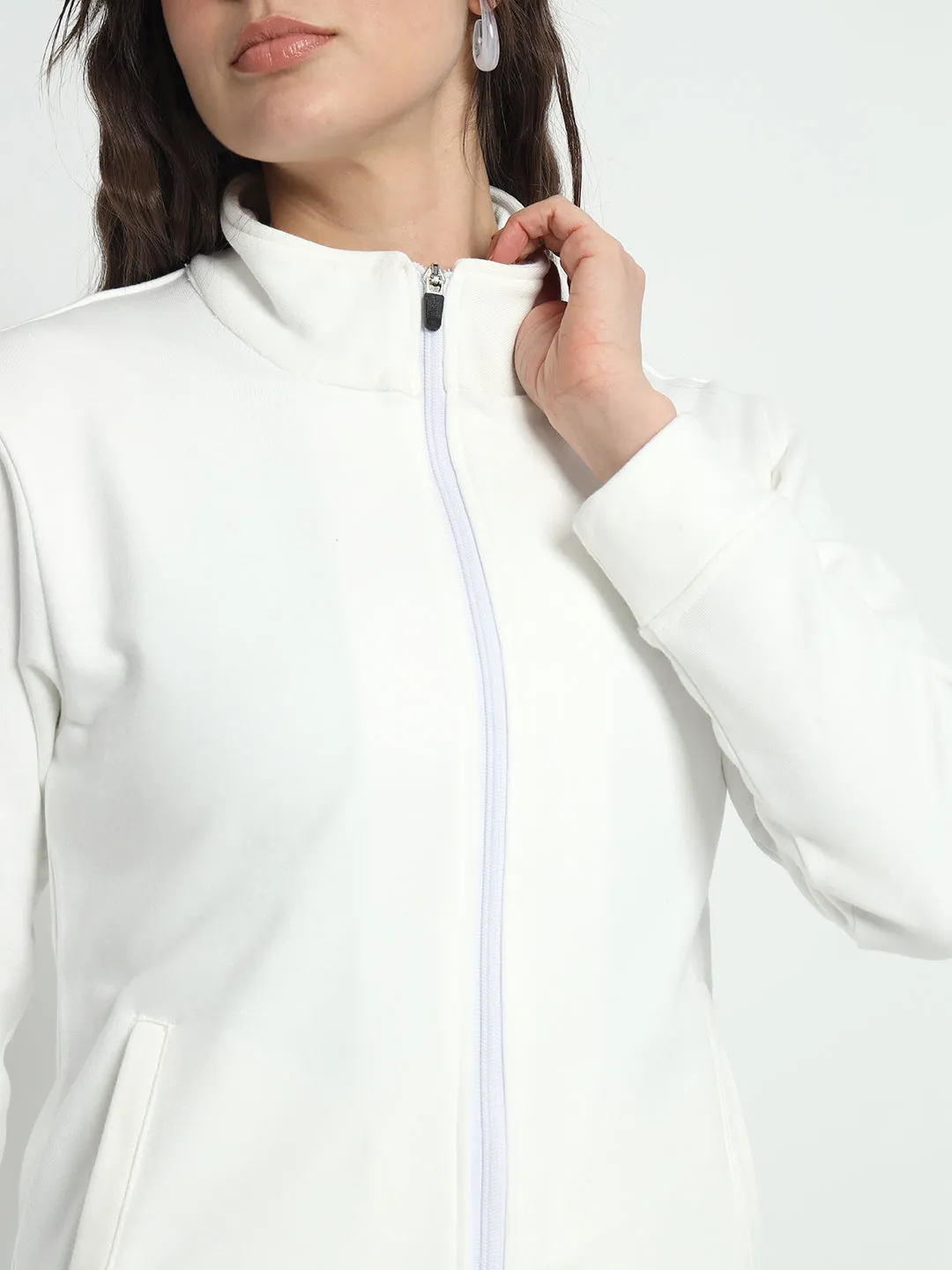 Women Mock Collar White Bomber Jacket