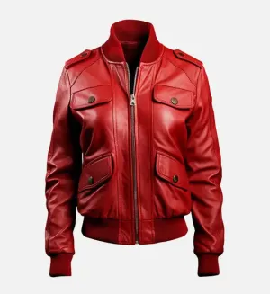 Women's Red Leather Bomber Jacket with Strap Pockets