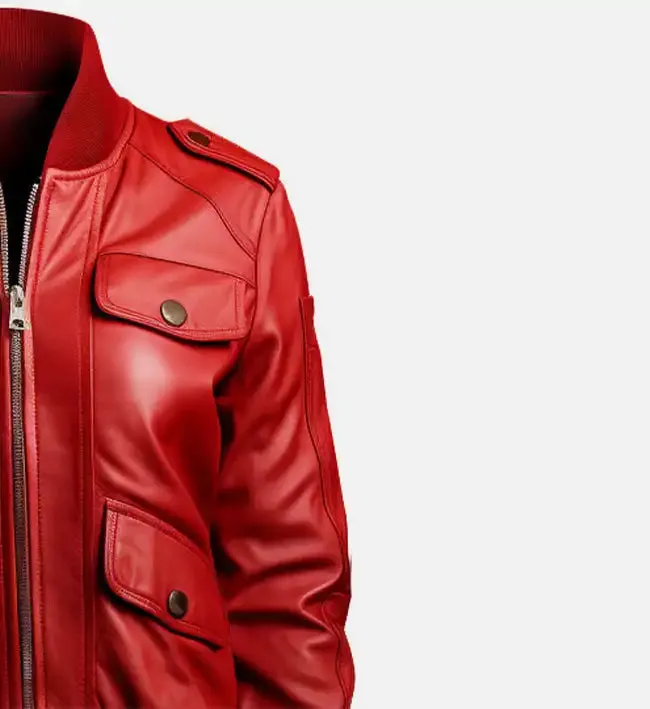 Women's Red Leather Bomber Jacket with Strap Pockets